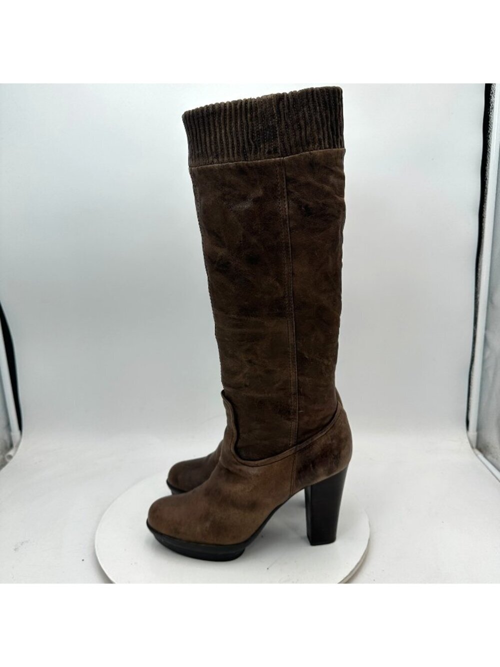 Frye Mimi Scrunch Women Size 7M Brown Taupe Leather Knee High Heel Boot